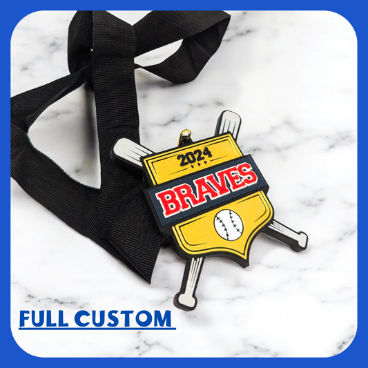 Fully customizable baseball medal with a shield design, crossed bats, and a black ribbon. Features a gold background, bold team name, and year '2024' with a baseball icon. Perfect for teams and tournaments. Personalize it with your own text and colors!