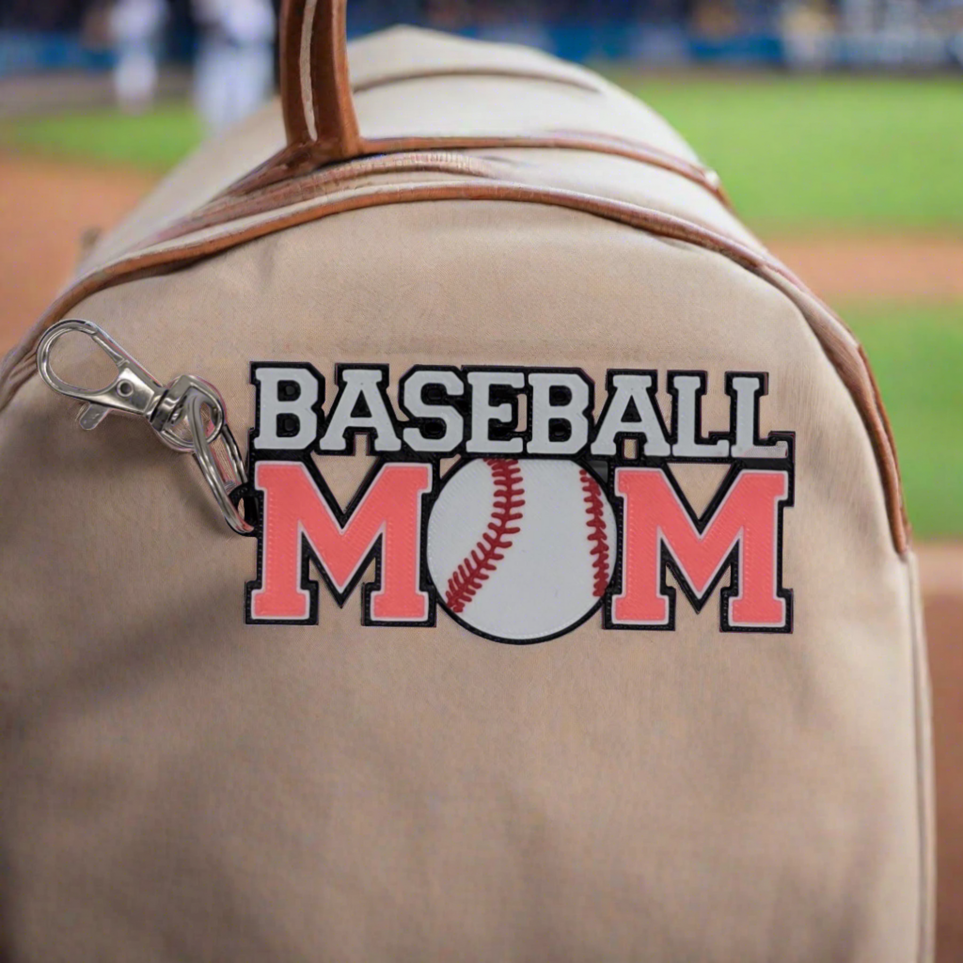Baseball mom bag tag in stadium