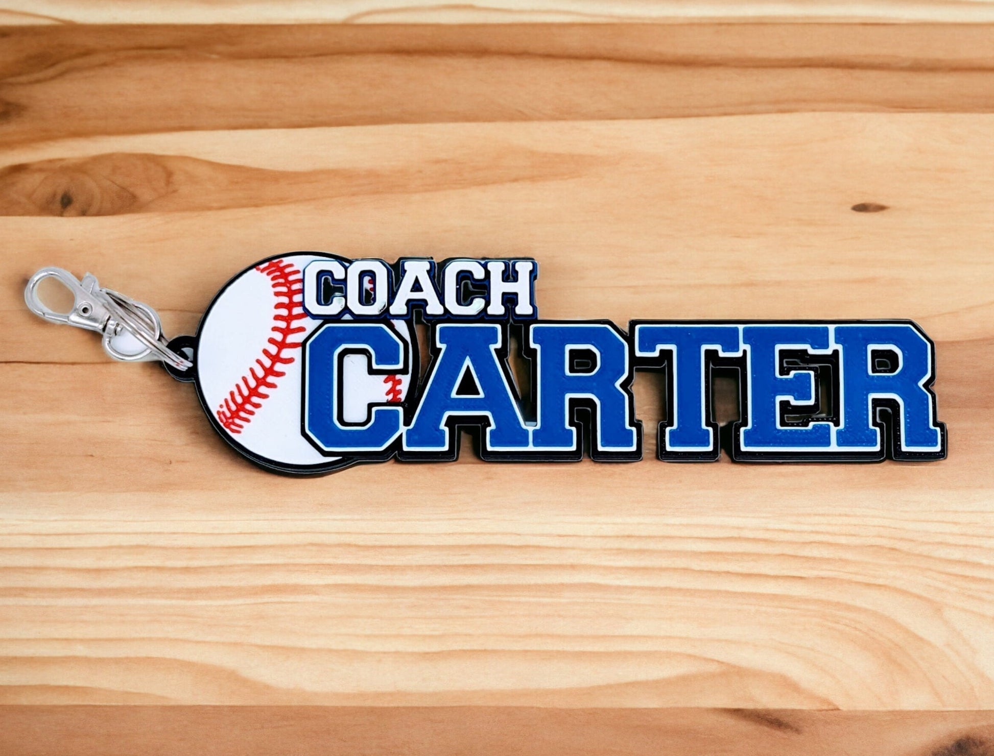 Sleek, round baseball bag tag featuring a detailed baseball stitch design, personalized for coaches.
